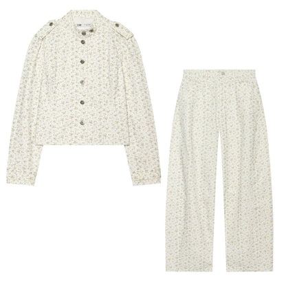 Floral print denim jacket + pants set for women